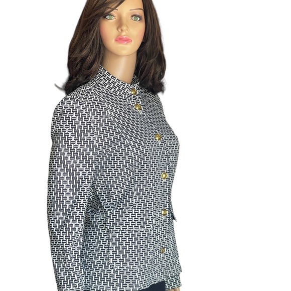 Tory Burch Cameron Crosshatch-print Jacket IvoryNavy with a Mandarin Collar SZ 2 - Picture 4 of 15